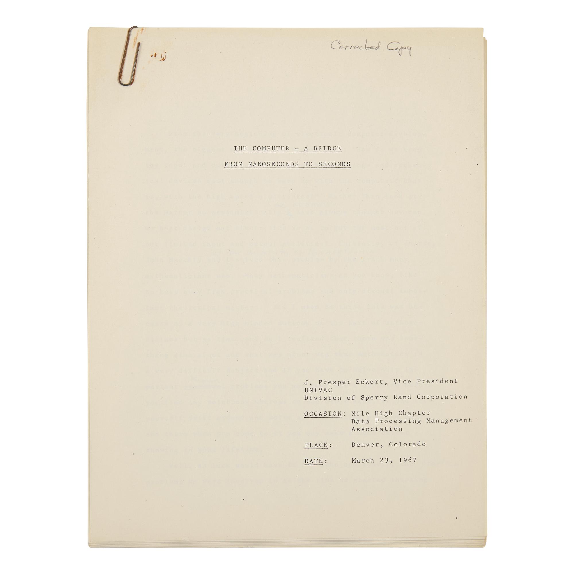 [Technology] Designer of the First American Commercial Computer, J. Presper Eckert's Corrected Copy of a Speech on Computing