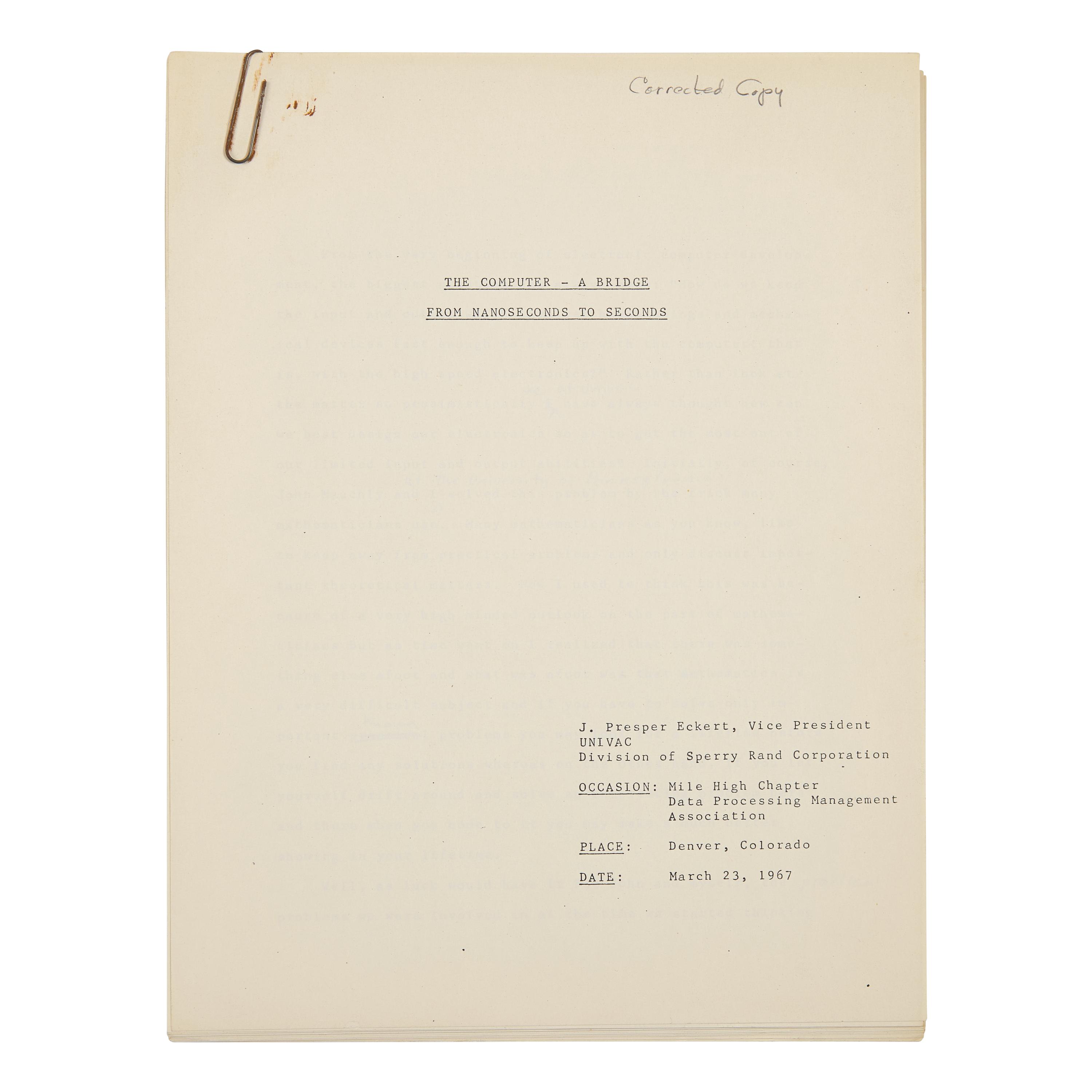 *[Technology] Designer of the First American Commercial Computer, J. Presper Eckert's Corrected Copy of a Speech on Computing