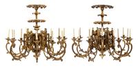 A Pair of Gothic Revival Giltwood Twelve-Light Chandeliers Height 33 x diameter 36 inches. — 19TH CENTURY