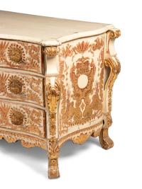 A Portuguese Baroque Gilt Bronze Mounted Painted and Parcel Gilt Commode