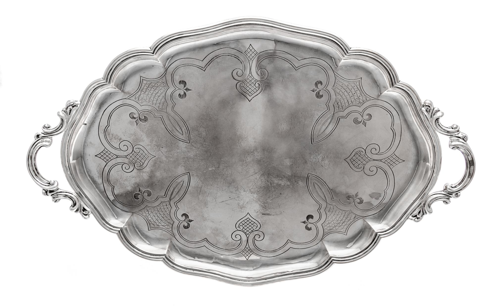 A German Silver Tray, Friedeberg, Berlin, 20th Century, the twin handles formed of C-scrolls, the undulating rim enclosing the field ch