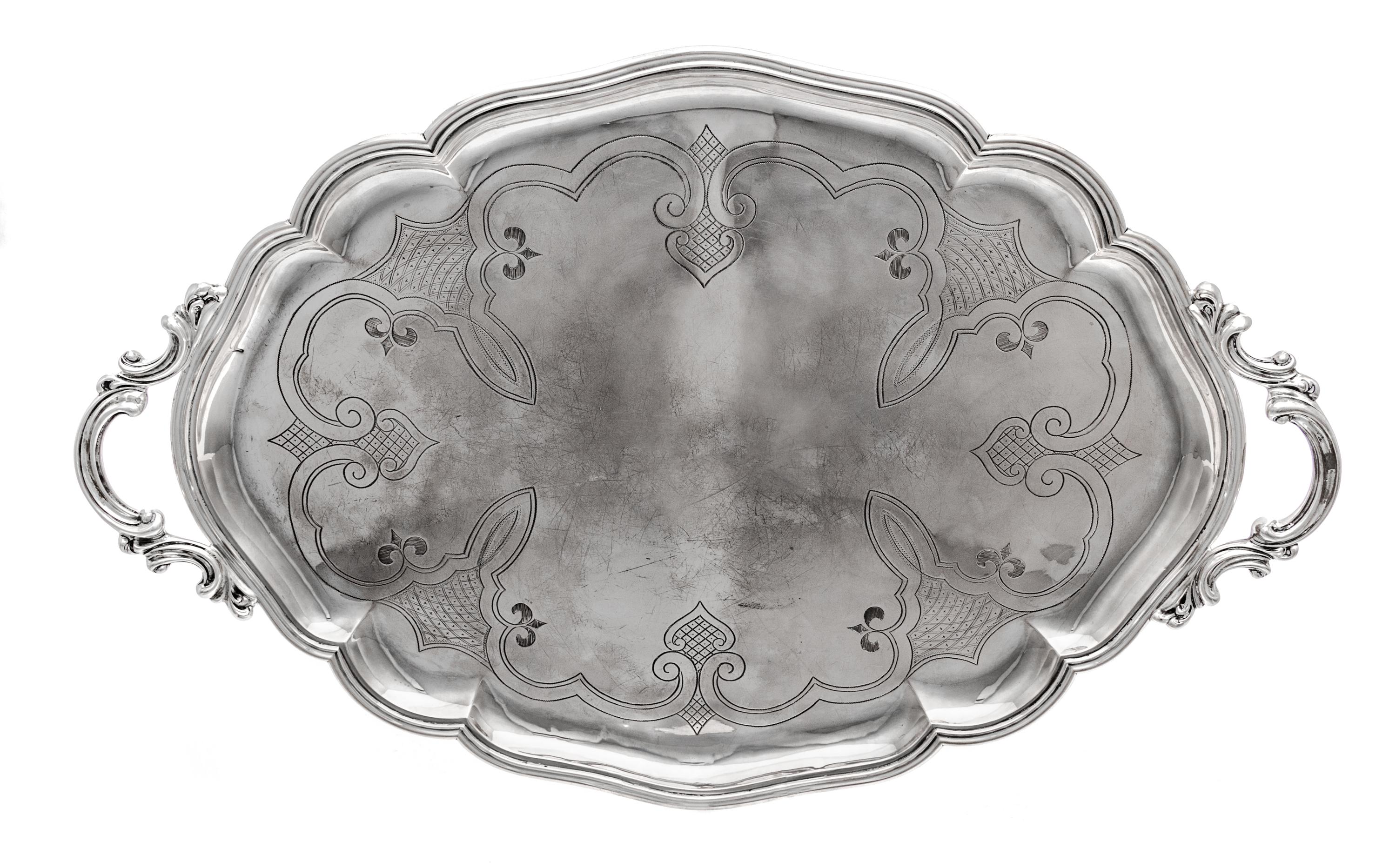 A German Silver Tray, Friedeberg, Berlin, 20th Century, the twin handles formed of C-scrolls, the undulating rim enclosing the field ch