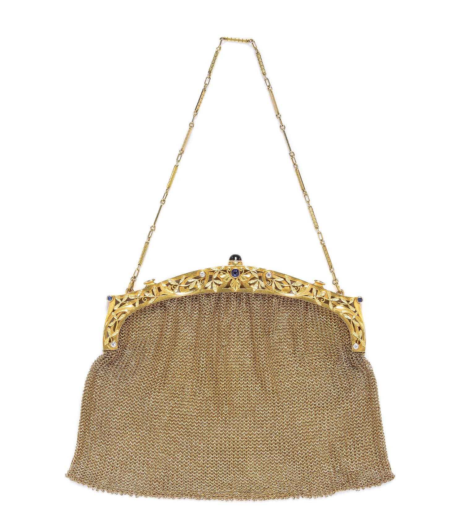 A 14 Karat Gold, Sapphire and Diamond Mesh Purse, 140.90 dwts.