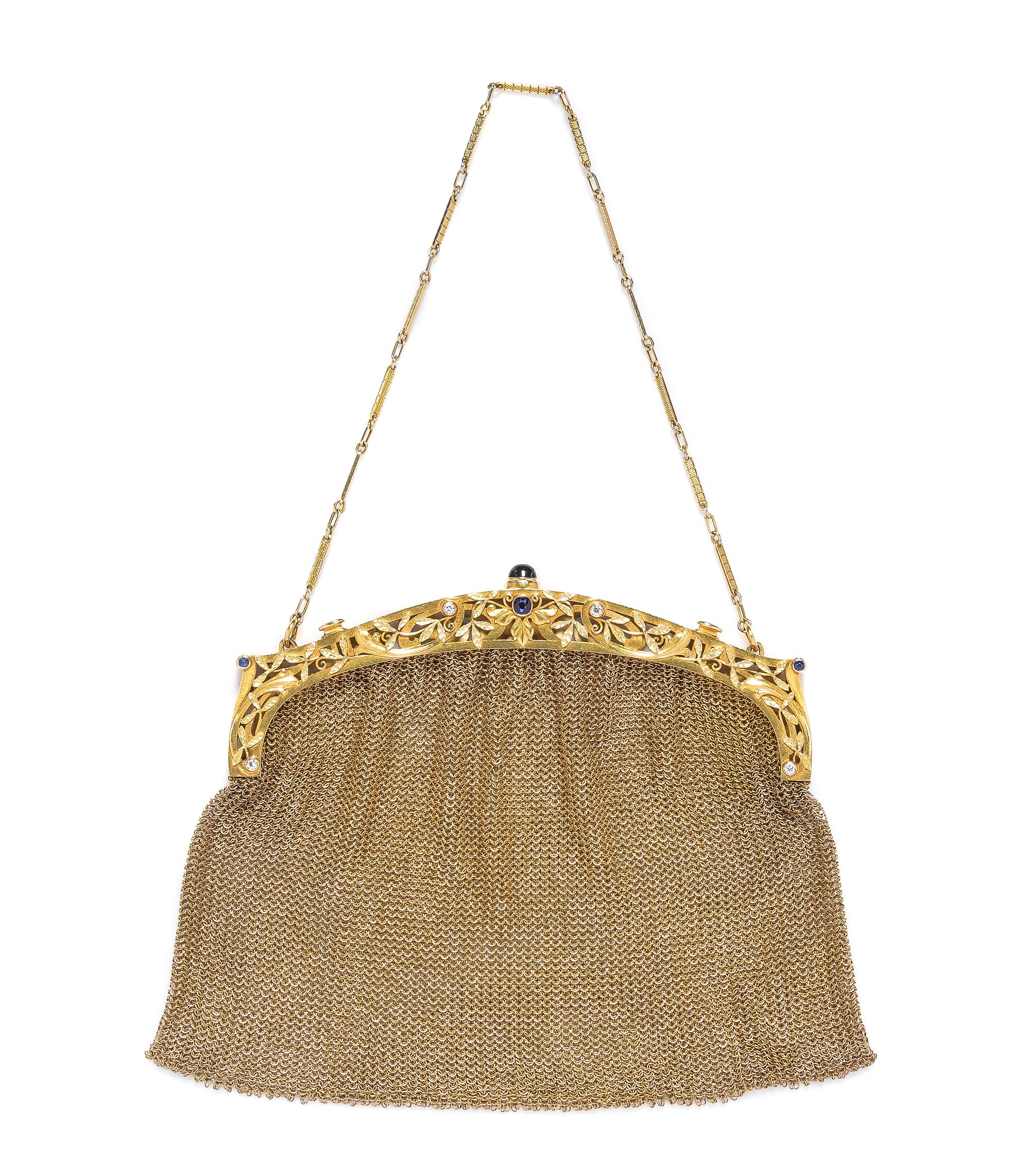 A 14 Karat Gold, Sapphire and Diamond Mesh Purse, 140.90 dwts.
