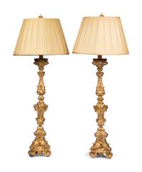 A Pair of Italian Giltwood Prickets Mounted as Lamps