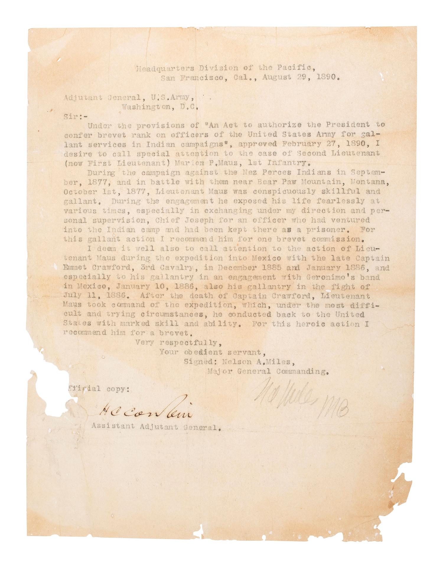 [INDIAN WARS--MILES, NELSON A. (1839-1925)]. "Official copy" of recommendation to confer brevet rank.