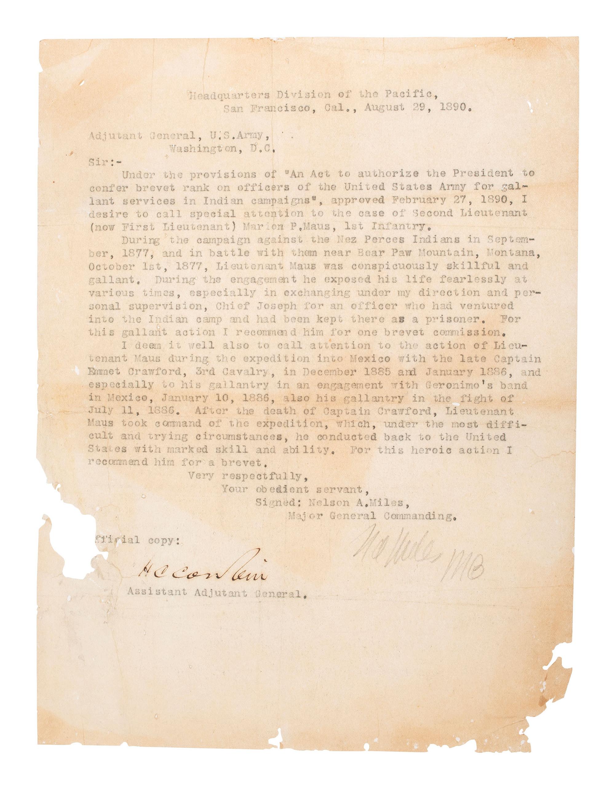 [INDIAN WARS--MILES, NELSON A. (1839-1925)]. "Official copy" of recommendation to confer brevet rank.
