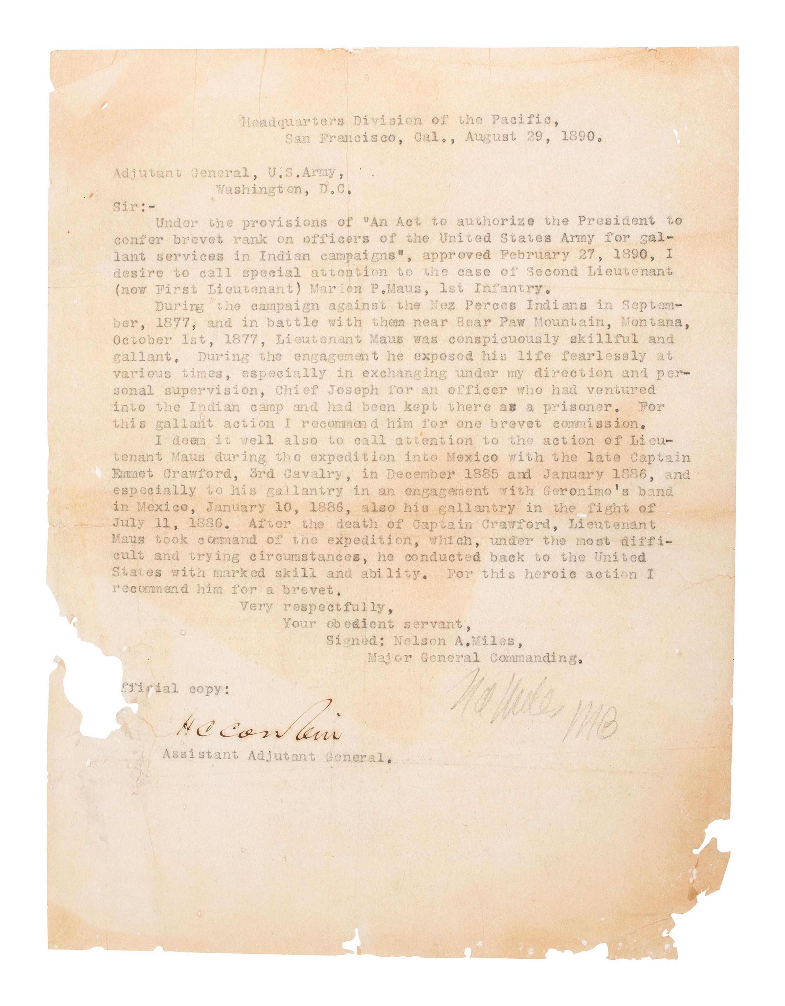 [INDIAN WARS--MILES, NELSON A. (1839-1925)]. "Official copy" of recommendation to confer brevet rank.