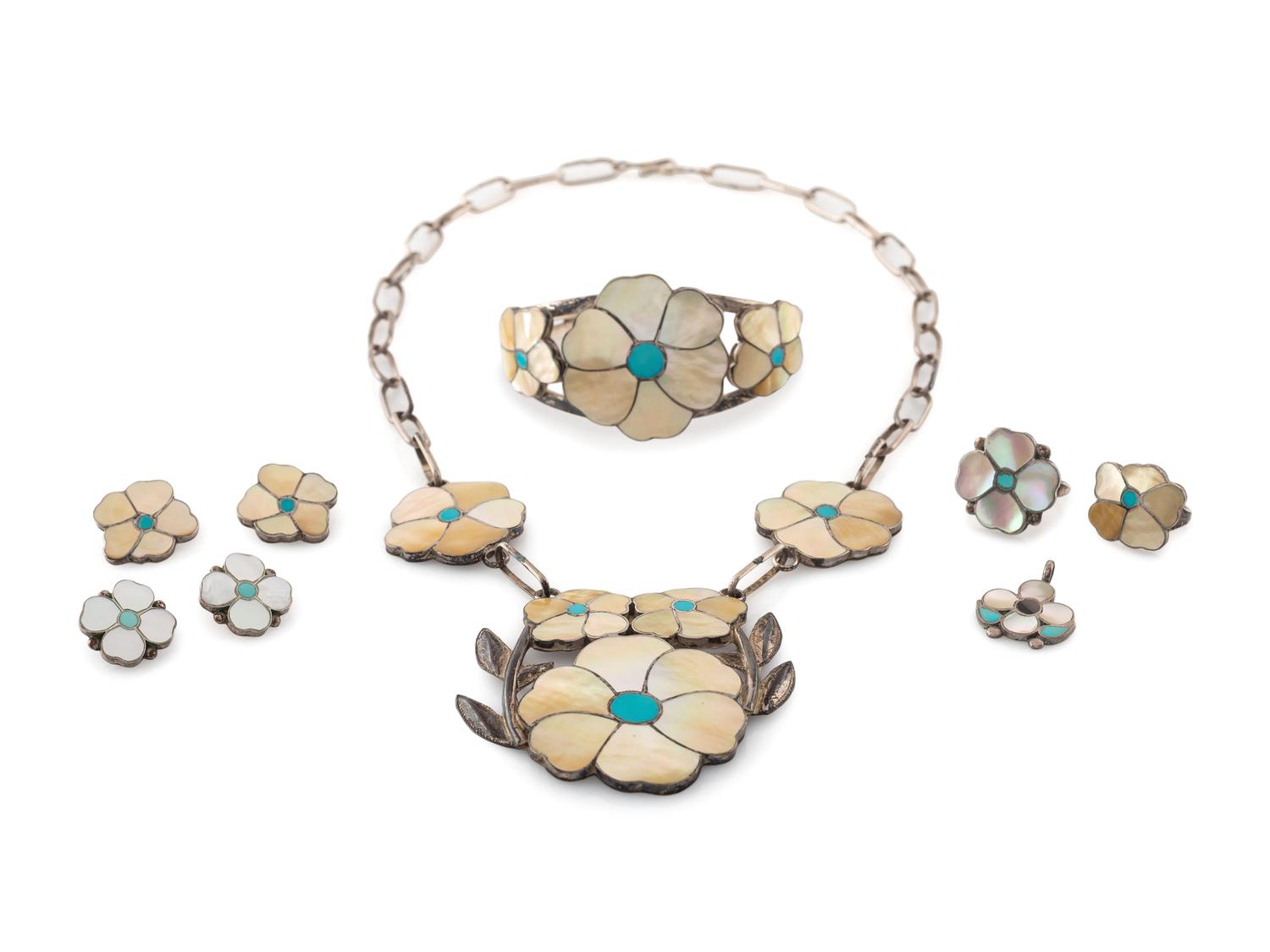 Zuni Shell and Turquoise Channel Inlay Floral Jewelry