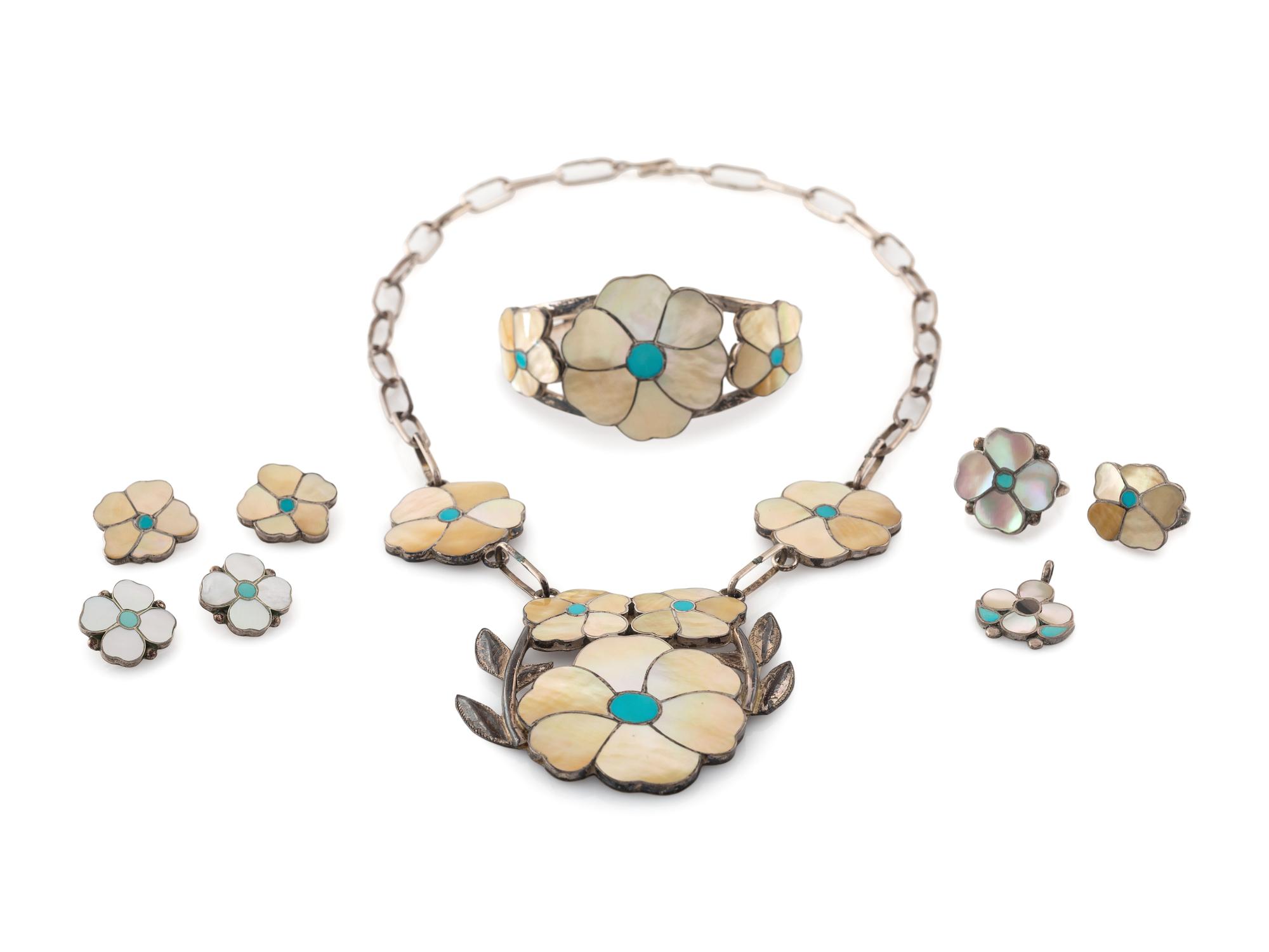 Zuni Shell and Turquoise Channel Inlay Floral Jewelry