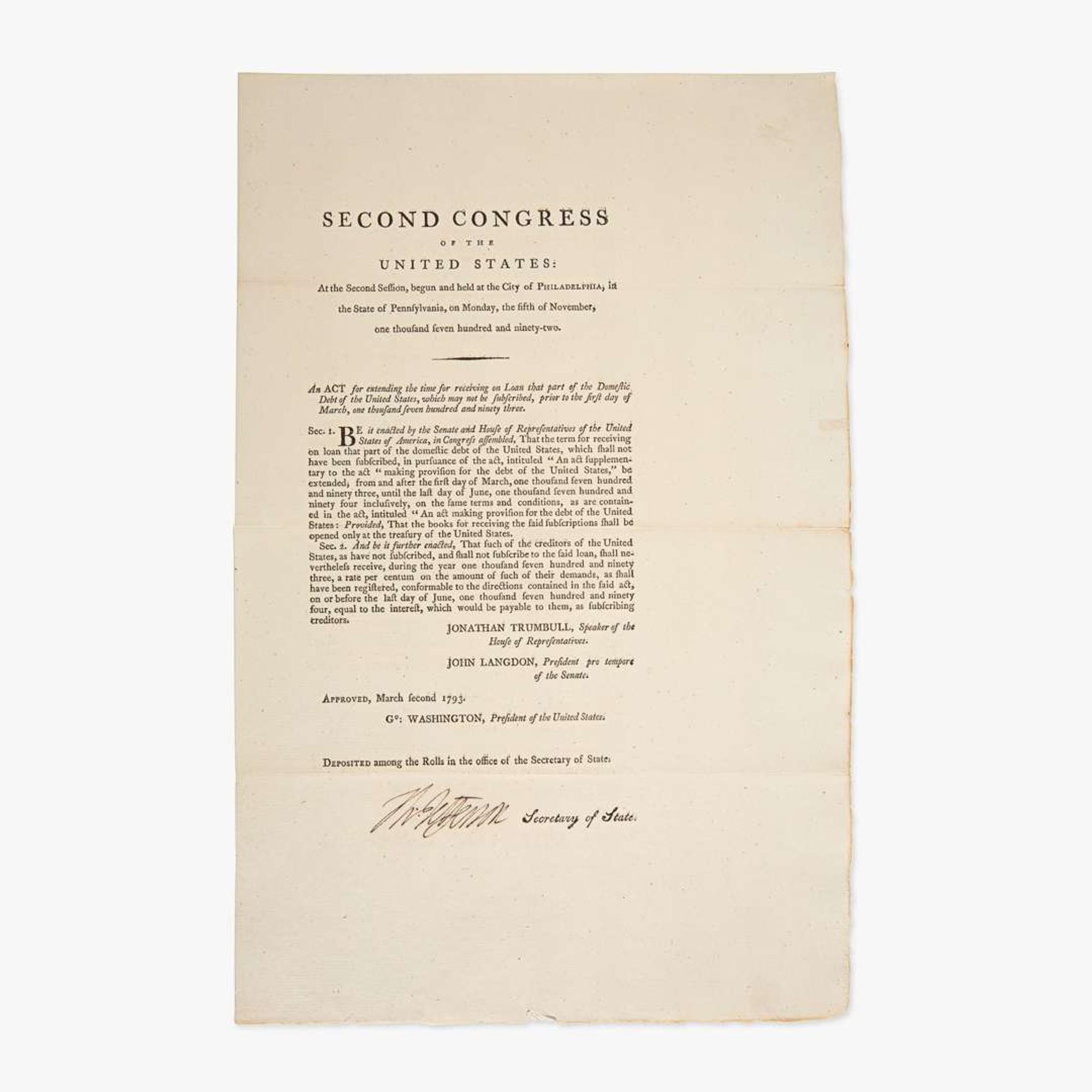 [Hamilton, Alexander] Jefferson, Thomas An Act for extending the time for receiving on Loan that part of the Domestic Debt of the United States, which may not be subscribed...