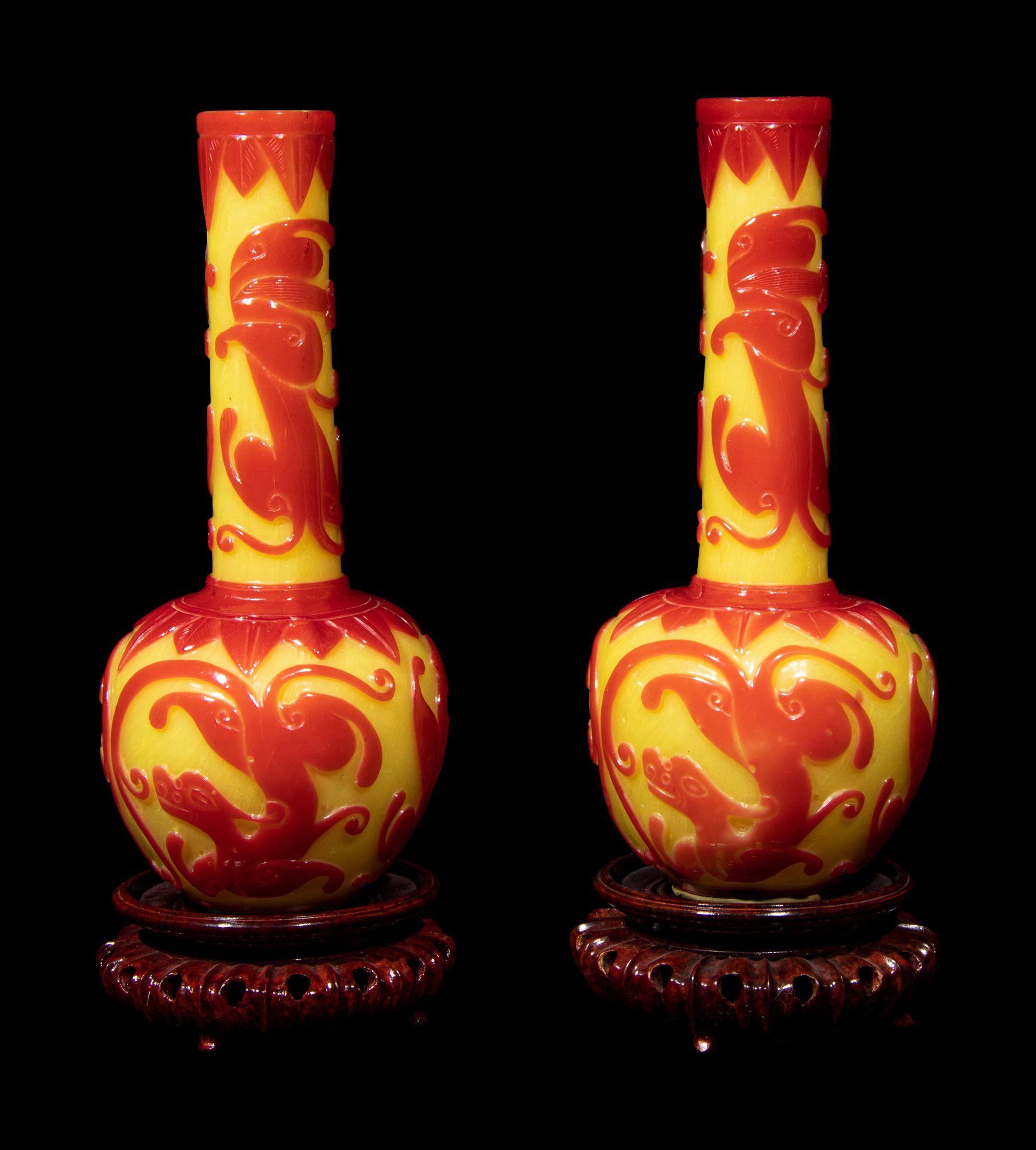 A Pair of Chinese Yellow Ground Red Overly Peking Glass Bottle Vases