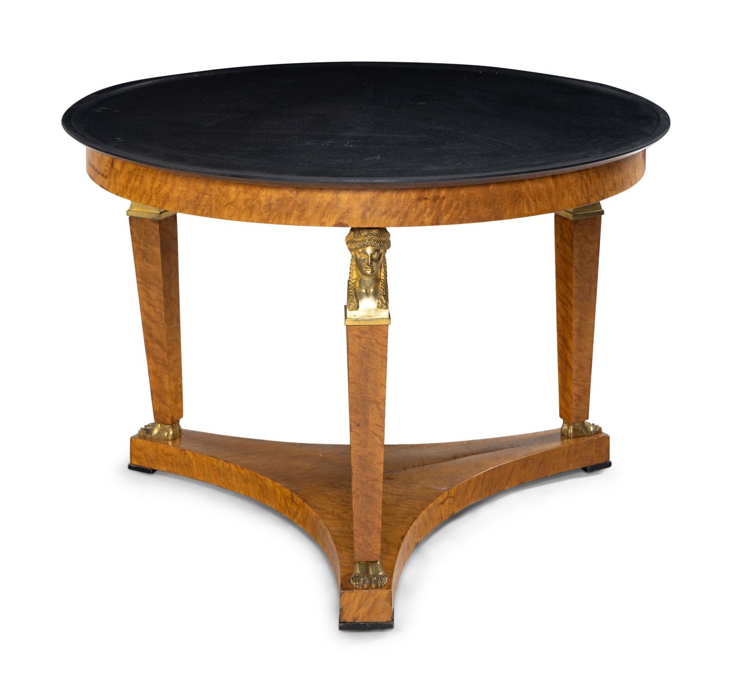 A Large Empire Style Gilt Bronze Mounted Figured Maple Marble-Top Gueridon
