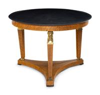 A Large Empire Style Gilt Bronze Mounted Figured Maple Marble-Top Gueridon