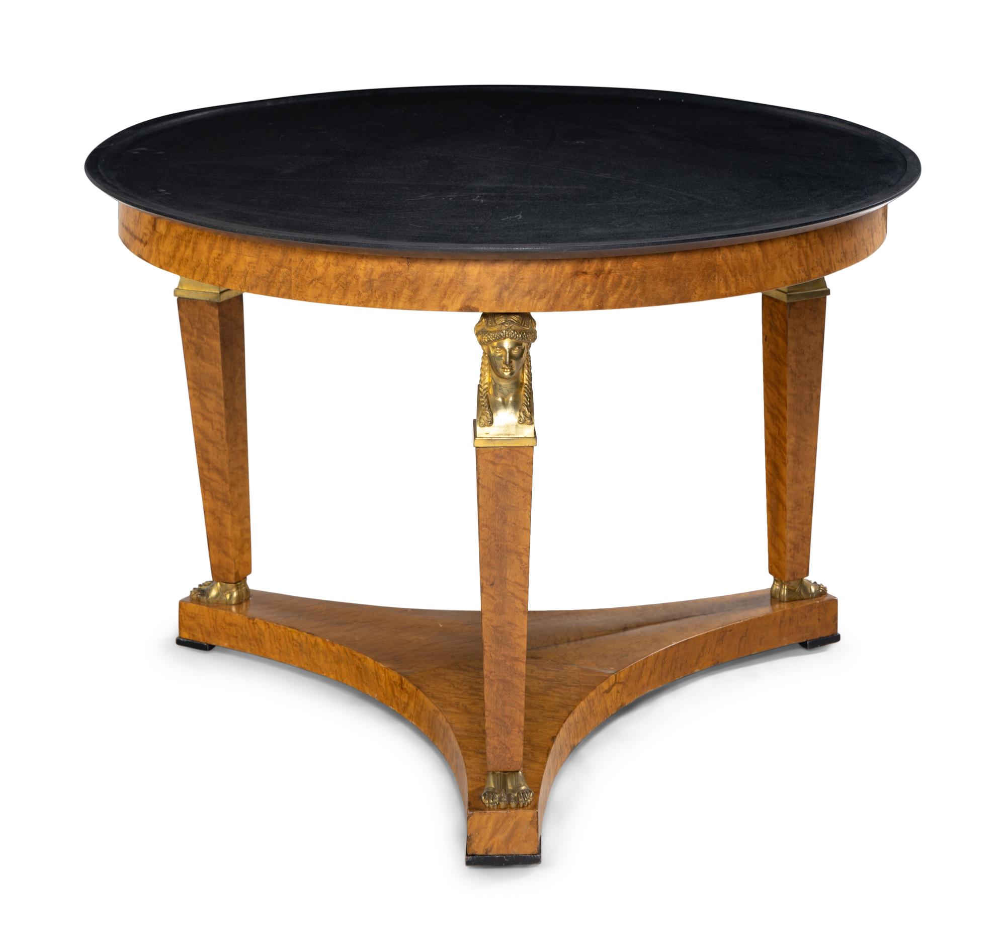 A Large Empire Style Gilt Bronze Mounted Figured Maple Marble-Top Gueridon