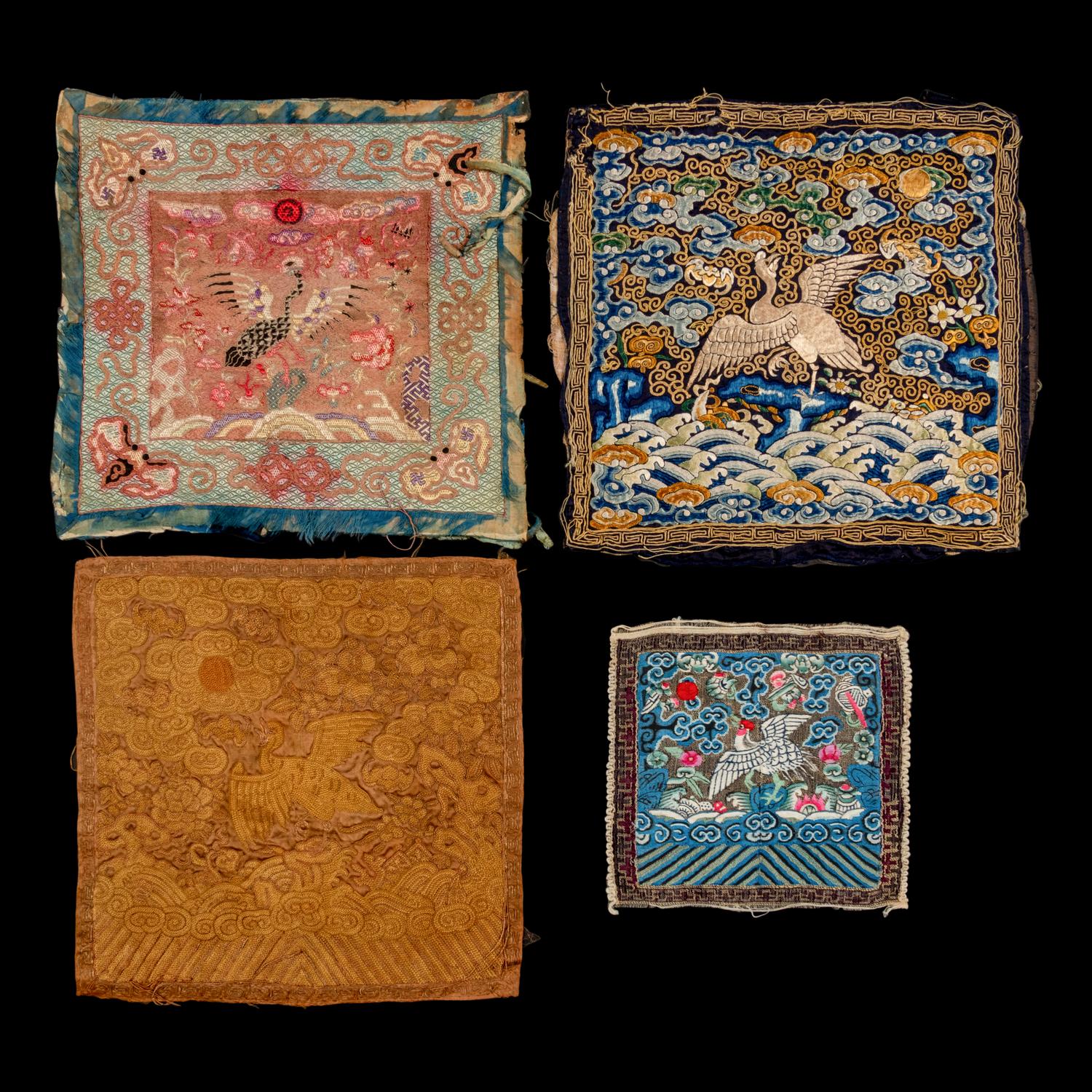 Three Chinese and One Vietnamese Embroidered Silk Rank Badges, 19th Century 清晚期 織綉補子四幅