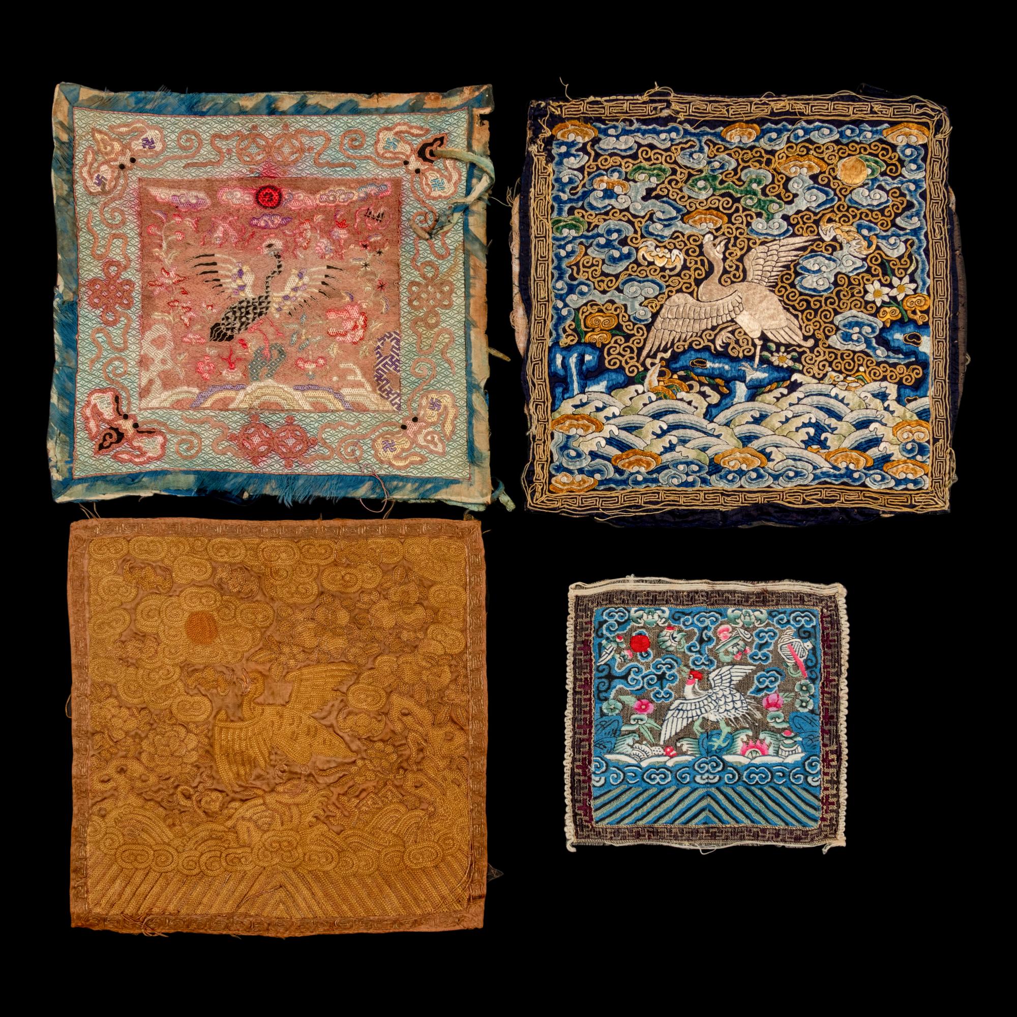 Three Chinese and One Vietnamese Embroidered Silk Rank Badges, 19th Century 清晚期 織綉補子四幅