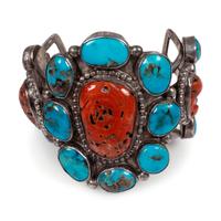 Navajo Silver Cuff Bracelet, with Turquoise and Coral Clusters