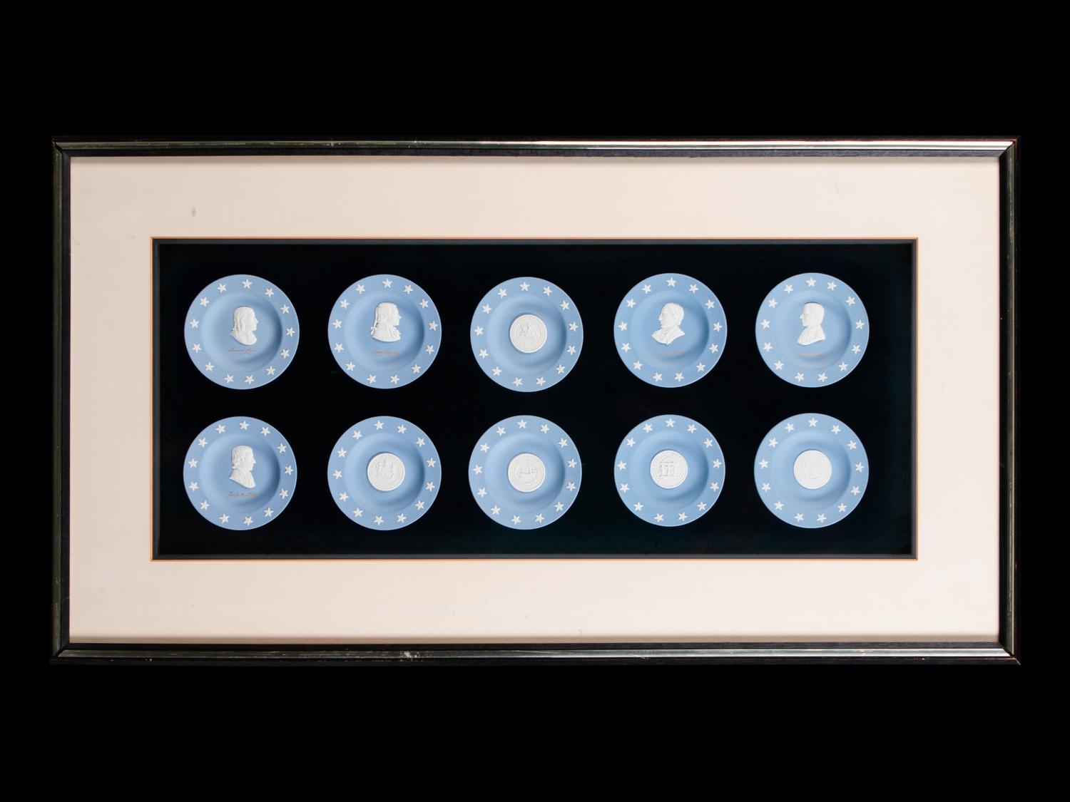 Two Framed Collections of Wedgwood Blue and White Jasperware Cameos