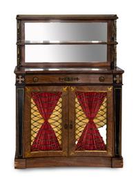 A Regency Style Parcel Ebonized Rosewood and Brass Inlaid Chiffonier