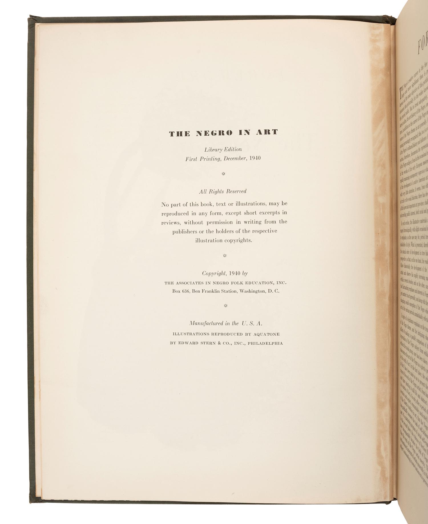 [ART]. LOCKE, [LeRoy] Alain. The Negro in Art: A Pictorial Record of the Negro Artist and of the Negro Theme in Art . Washington, DC: Associates in Negro Folk Education, 1940.