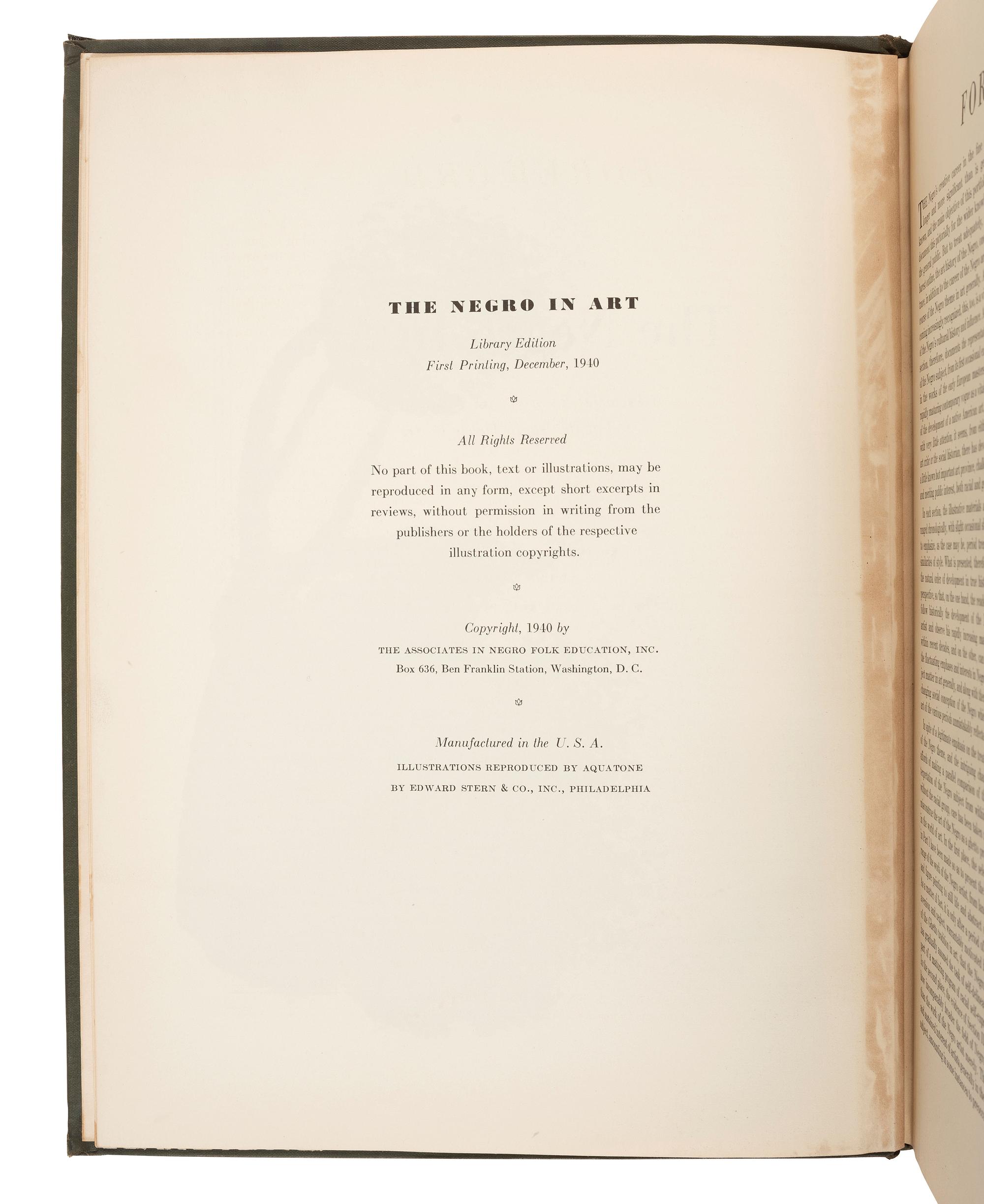 [ART]. LOCKE, [LeRoy] Alain. The Negro in Art: A Pictorial Record of the Negro Artist and of the Negro Theme in Art . Washington, DC: Associates in Negro Folk Education, 1940.