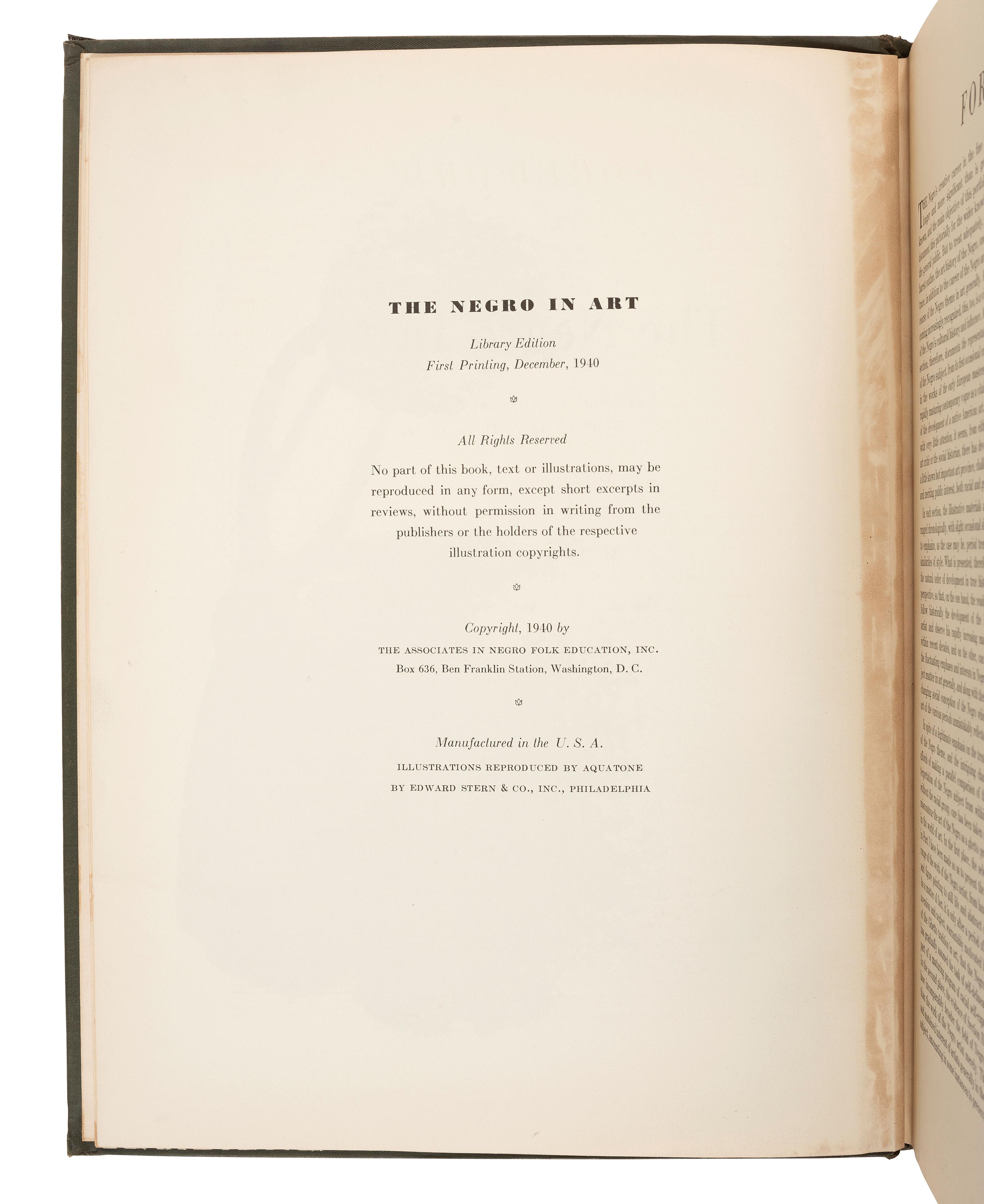[ART]. LOCKE, [LeRoy] Alain. The Negro in Art: A Pictorial Record of the Negro Artist and of the Negro Theme in Art . Washington, DC: Associates in Negro Folk Education, 1940.