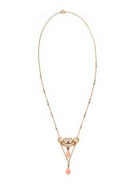ANTIQUE, YELLOW GOLD, CORAL, DIAMOND AND SEED PEARL NECKLACE