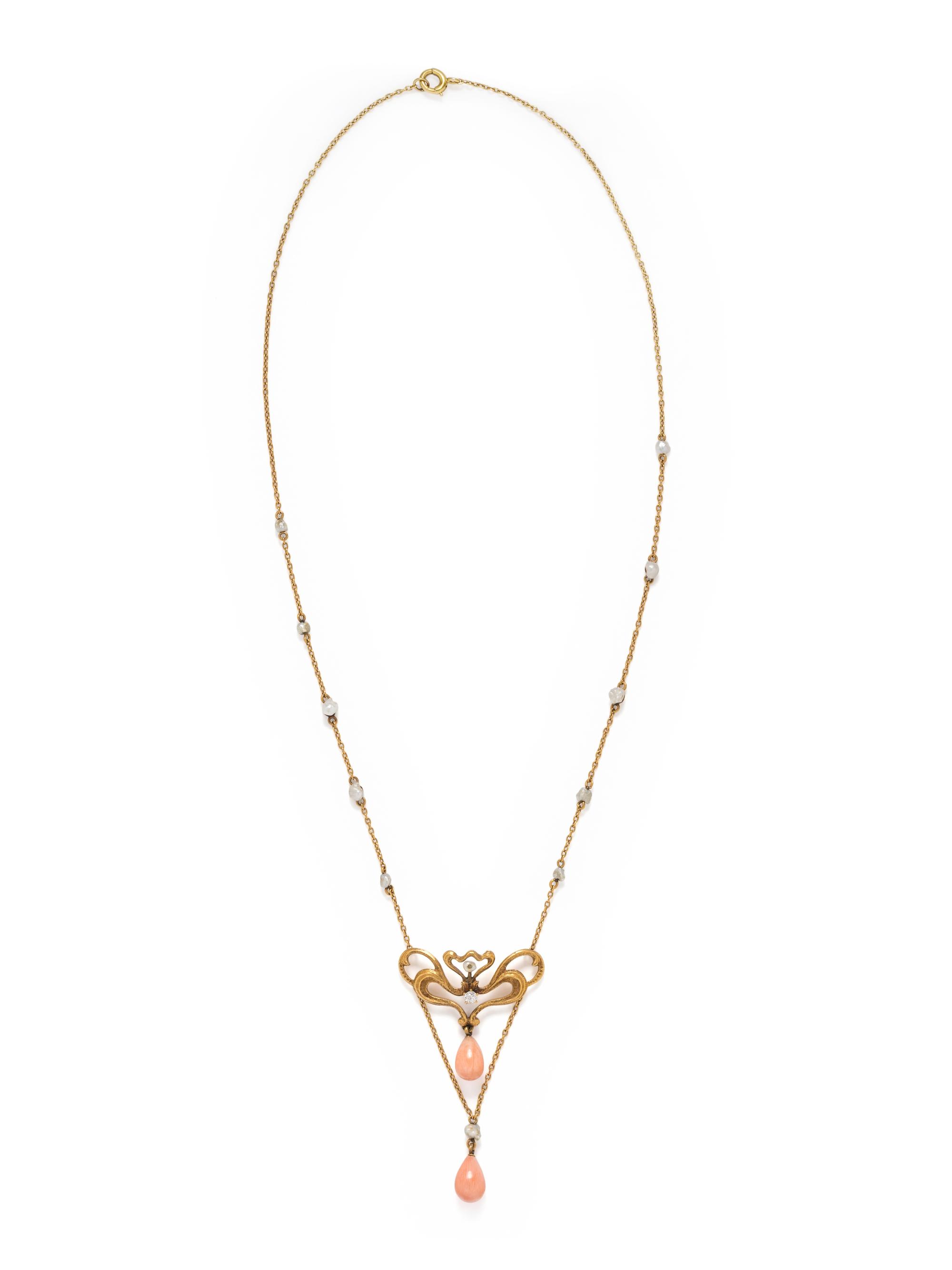 ANTIQUE, YELLOW GOLD, CORAL, DIAMOND AND SEED PEARL NECKLACE