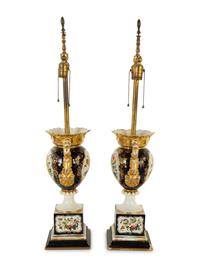 A Pair of French Porcelain Urns Mounted as Lamps
