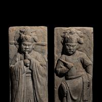 Two Chinese Rectangular Grey Pottery Relief Tomb Tiles, Song-Yuan Dynasty — 宋-元 灰陶伎樂磚雕一對