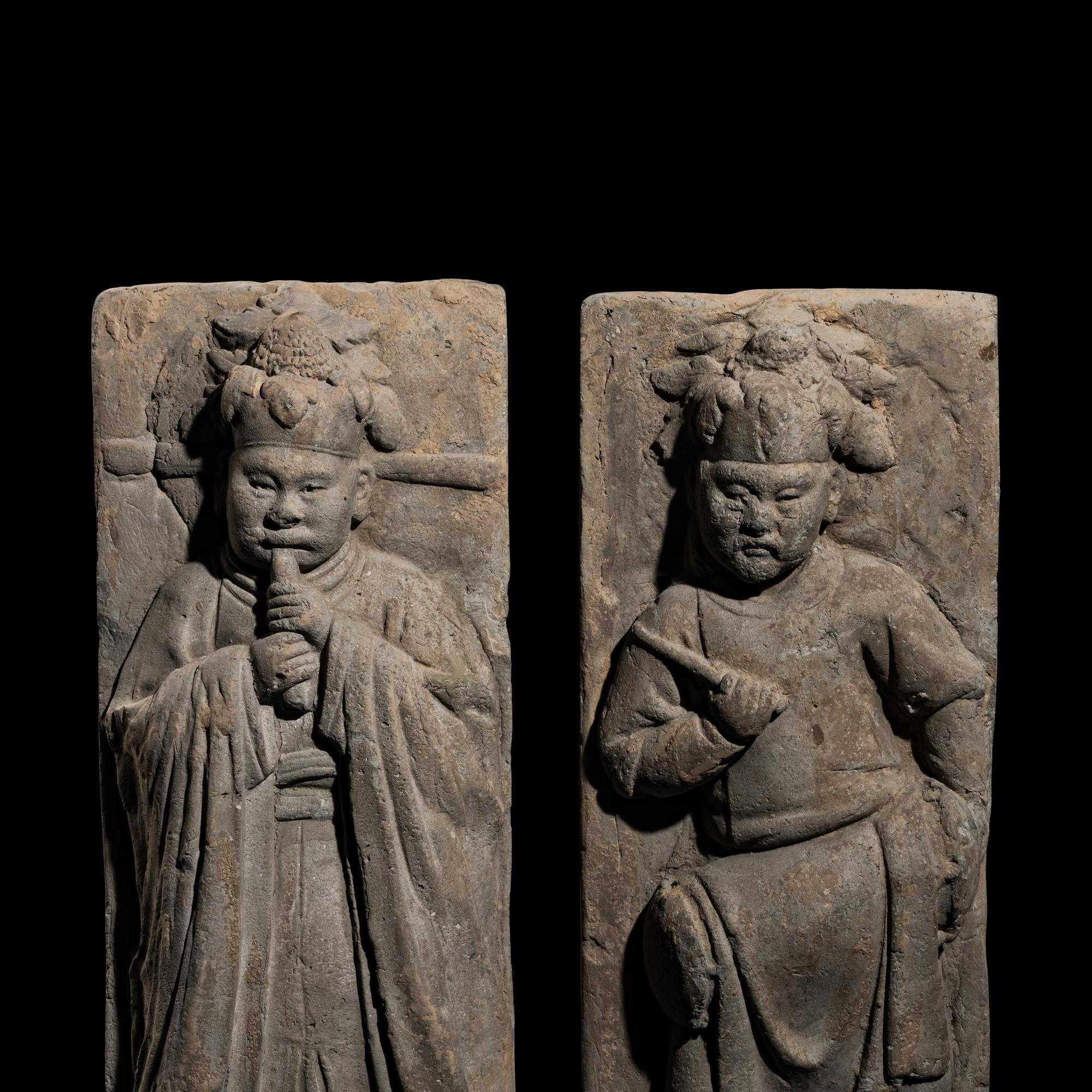 Two Chinese Rectangular Grey Pottery Relief Tomb Tiles, Song-Yuan Dynasty — 宋-元 灰陶伎樂磚雕一對