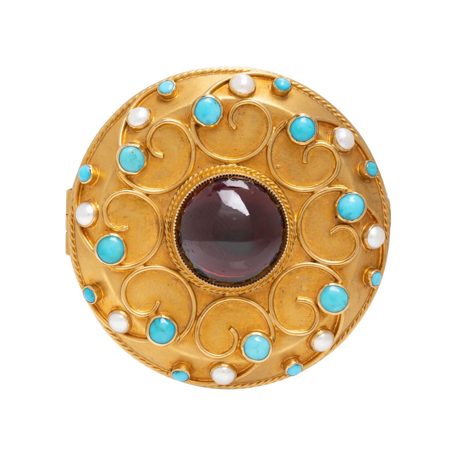 VINTAGE, YELLOW GOLD, GARNET, TURQUOISE AND SEED PEARL BROOCH