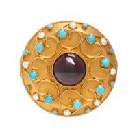 VINTAGE, YELLOW GOLD, GARNET, TURQUOISE AND SEED PEARL BROOCH