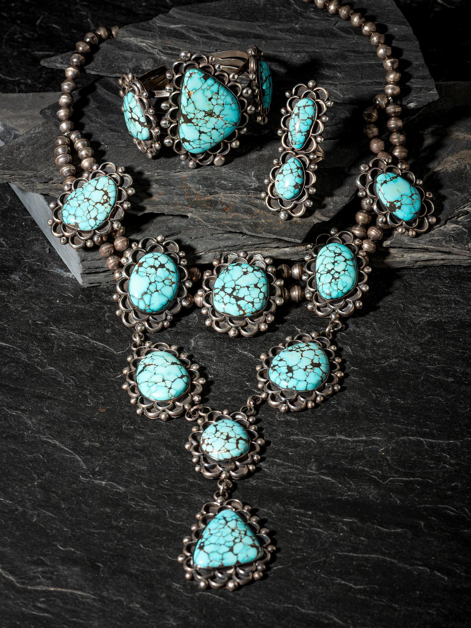 Navajo Silver and Turquoise Necklace, Cuff Bracelet, and Ring Suite
