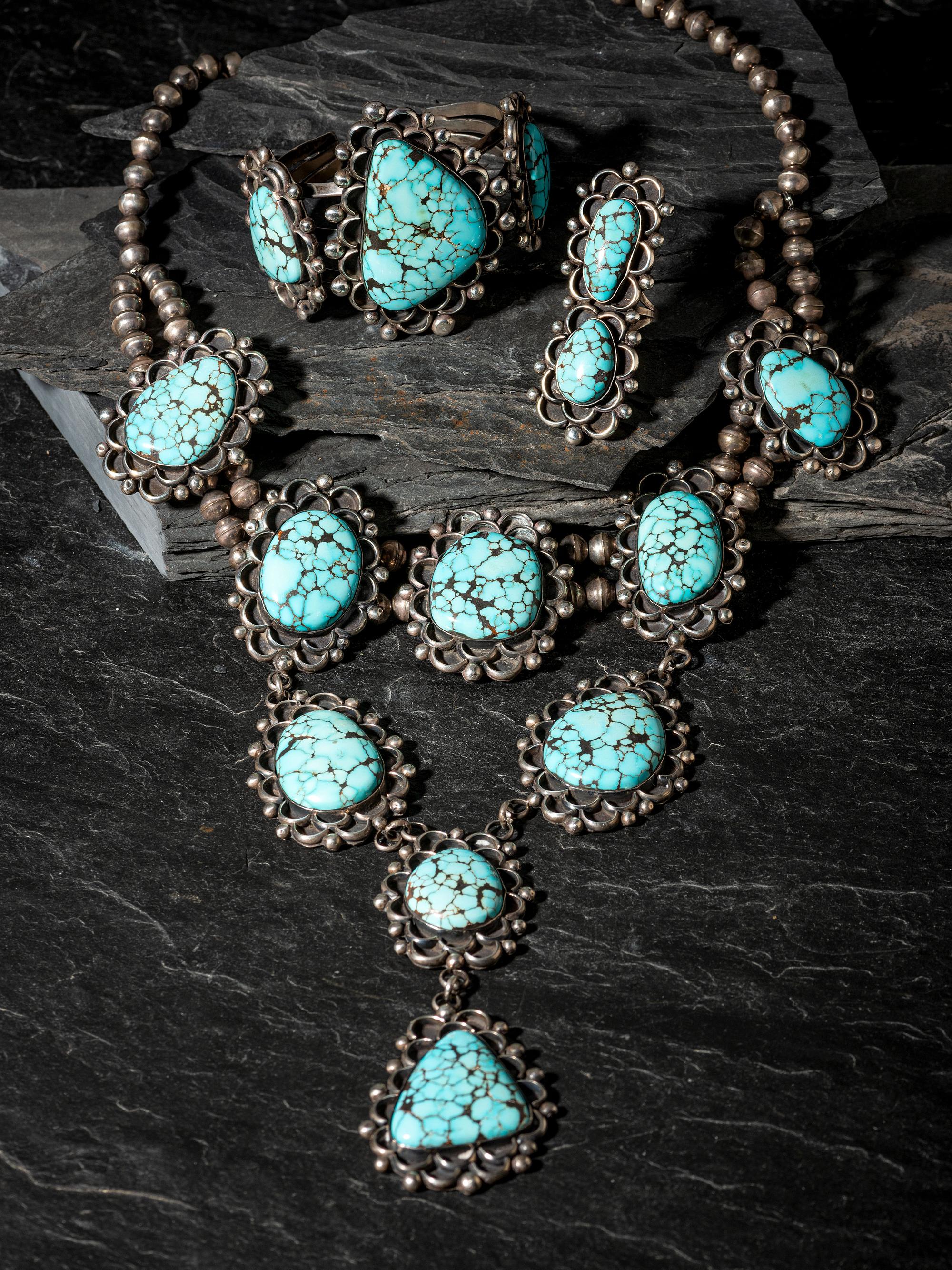 Navajo Silver and Turquoise Necklace, Cuff Bracelet, and Ring Suite
