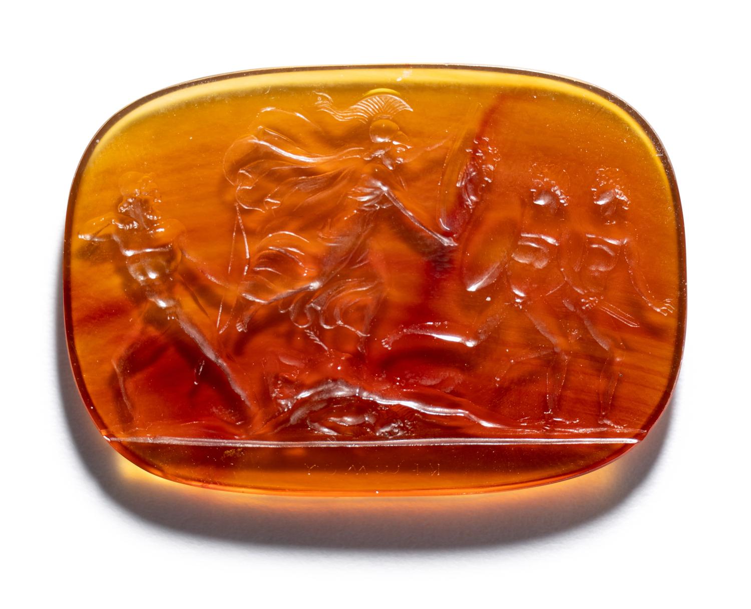 A Neoclassical Carnelian Intaglio with Ulysses and Minerva Frightening the Suitors with the Aegis.
