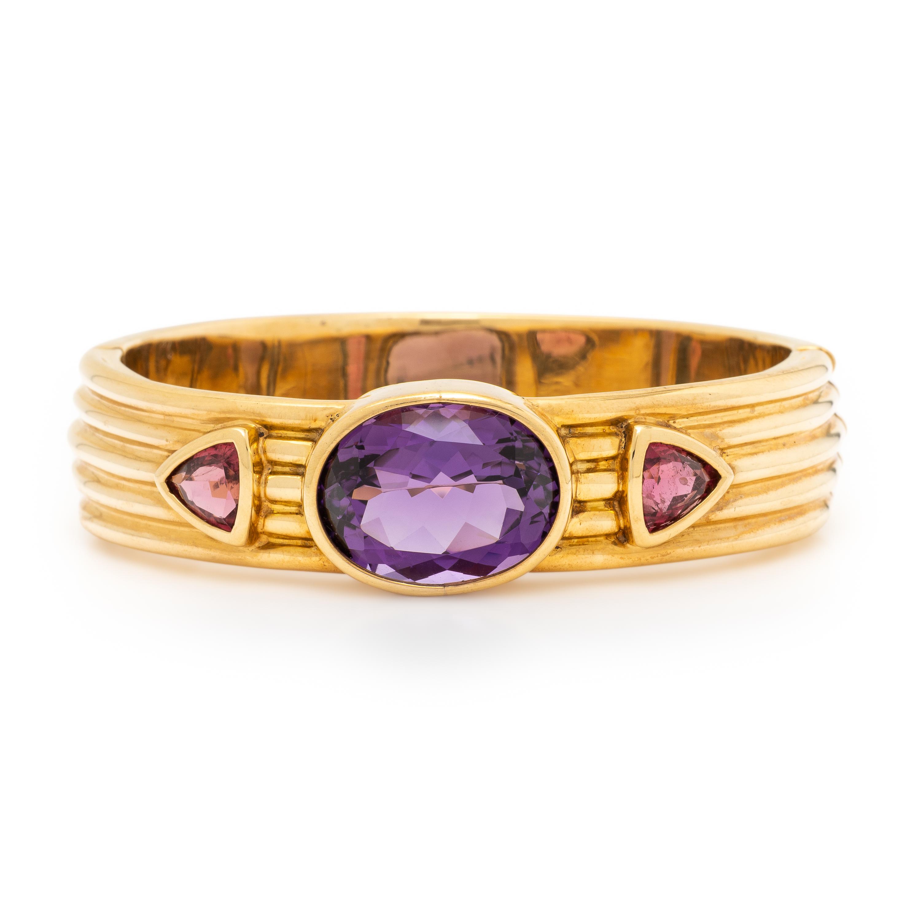 Amethyst, Pink Tourmaline, and Yellow Gold Bangle Bracelet