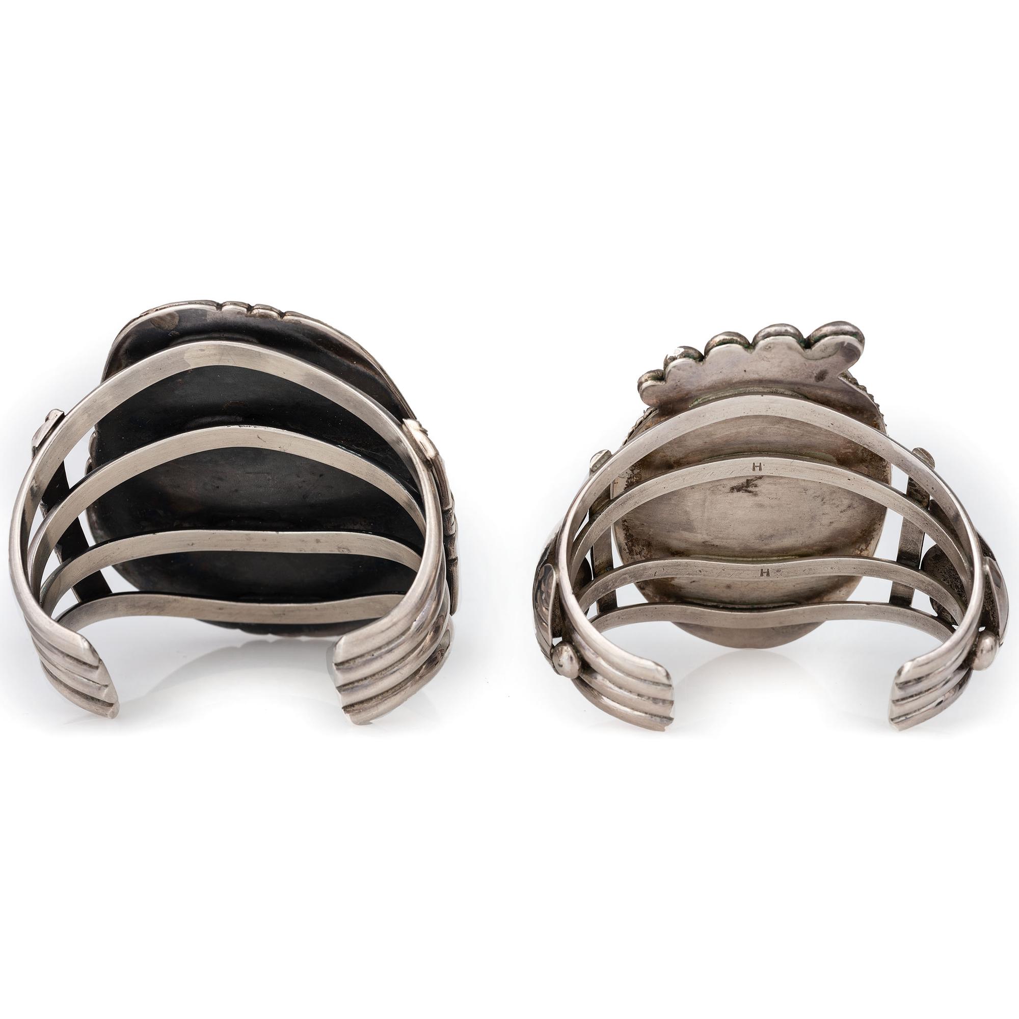 Pair of Heavy Navajo Silver and Turquoise Cuff Bracelets