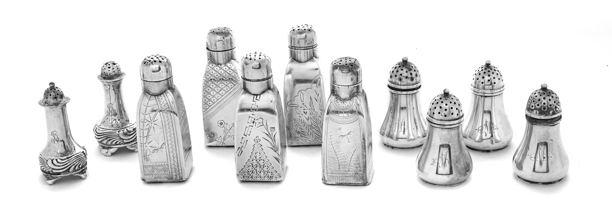 A Collection of American and English Silver Salt and Pepper Shakers, Tiffany & Co., Gorham Mfg. Co., and English Sterling, of various s