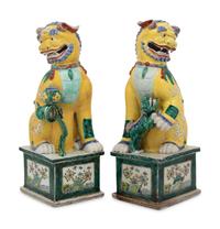 A Large Pair of Chinese Famille Jaune Porcelain Figures of Fu Lions