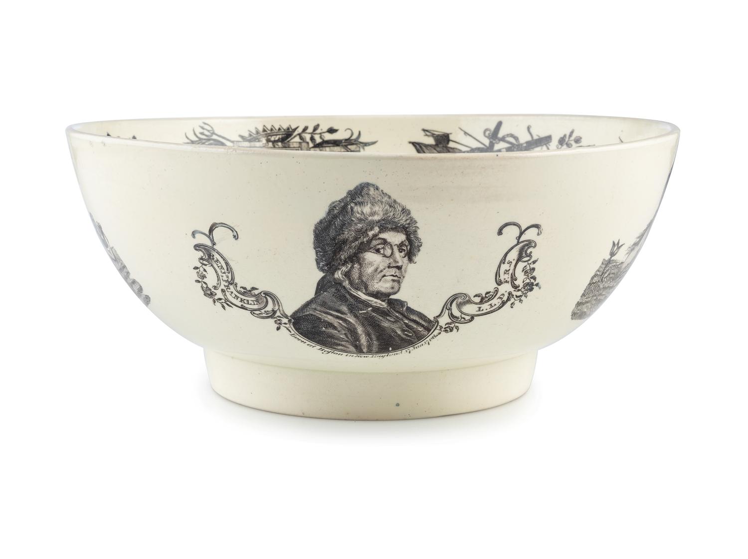 [ADAMS, John (1735-1826)]. Liverpool creamware punch bowl featuring portraits of John Adams as President, Benjamin Franklin, and George Washington. Late 18th/early 19th century.