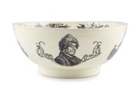 [ADAMS, John (1735-1826)]. Liverpool creamware punch bowl featuring portraits of John Adams as President, Benjamin Franklin, and George Washington. Late 18th/early 19th century.