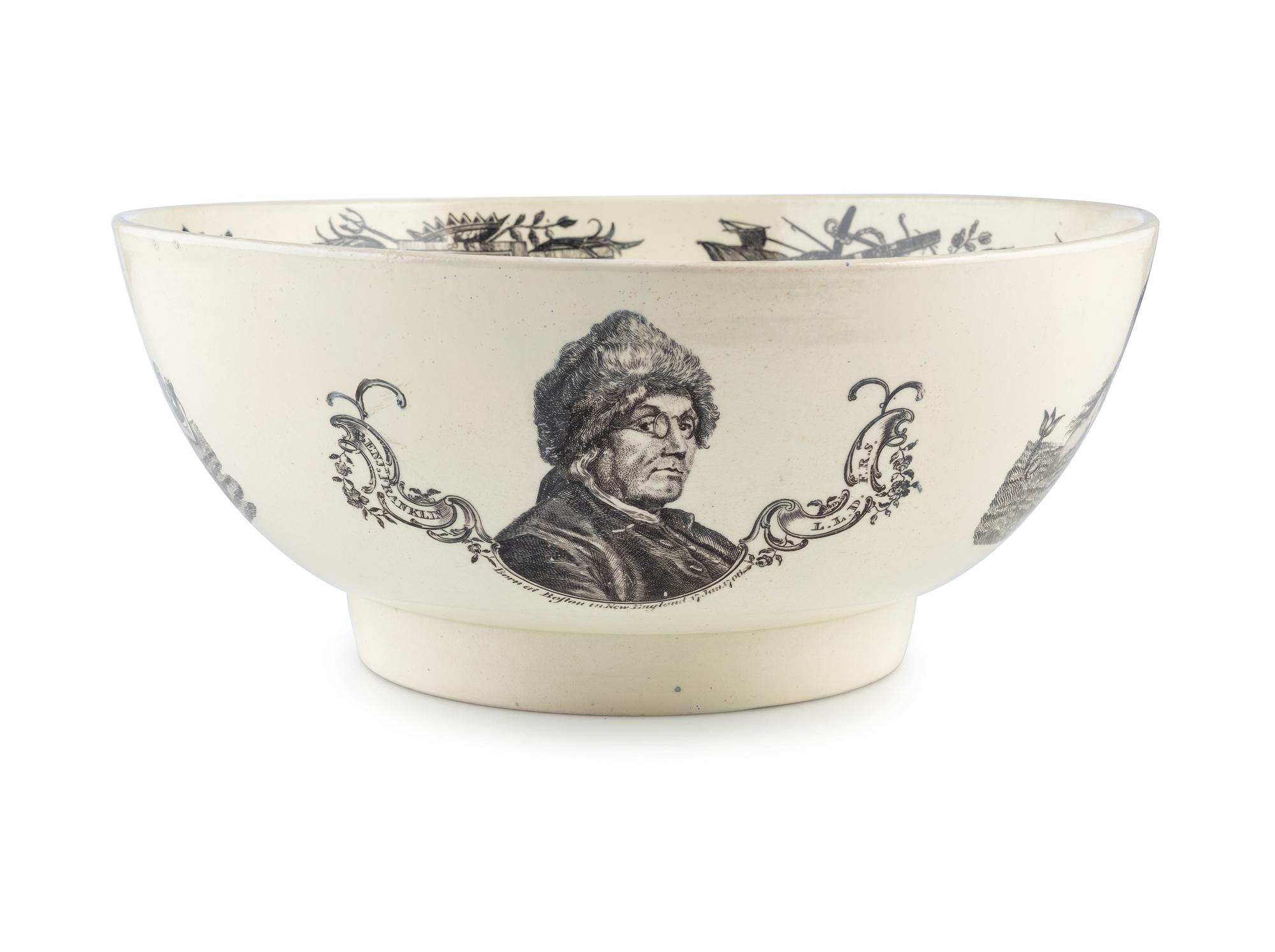 [ADAMS, John (1735-1826)]. Liverpool creamware punch bowl featuring portraits of John Adams as President, Benjamin Franklin, and George Washington. Late 18th/early 19th century.