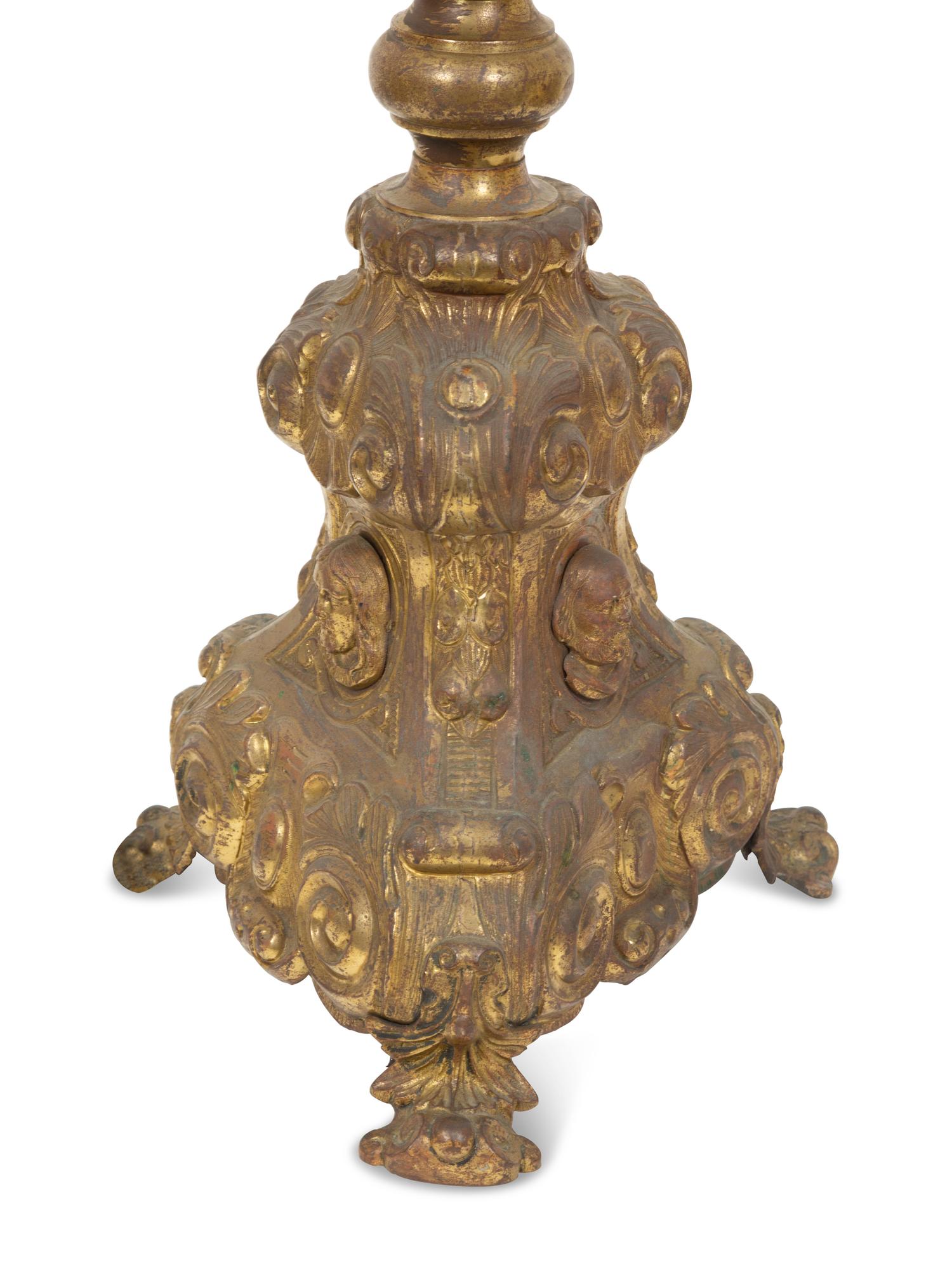 A Continental Chased Brass Pricket-Style Table Lamp
