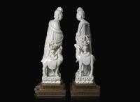 A pair of Chinese Blanc de Chine Figures of Meiren with Deer, Xu Yunlin Zhi impressed mark 德化窯仕女仙鹿瓷塑一對 許雲林製款