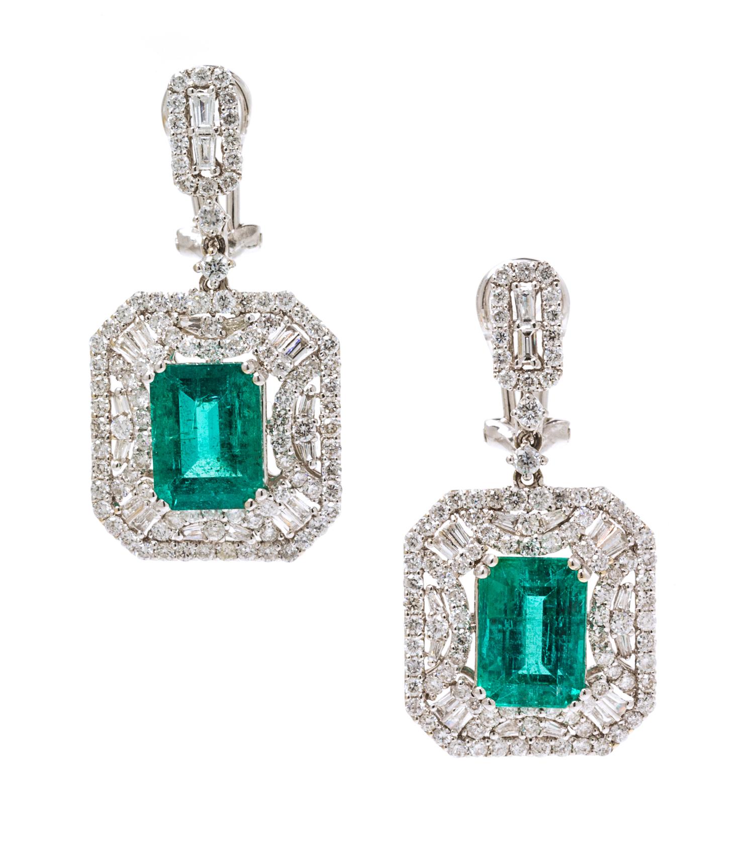 A Pair of 18 Karat White Gold, Emerald and Diamond Pendant Earclips, 6.30 dwts.