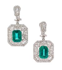 A Pair of 18 Karat White Gold, Emerald and Diamond Pendant Earclips, 6.30 dwts.