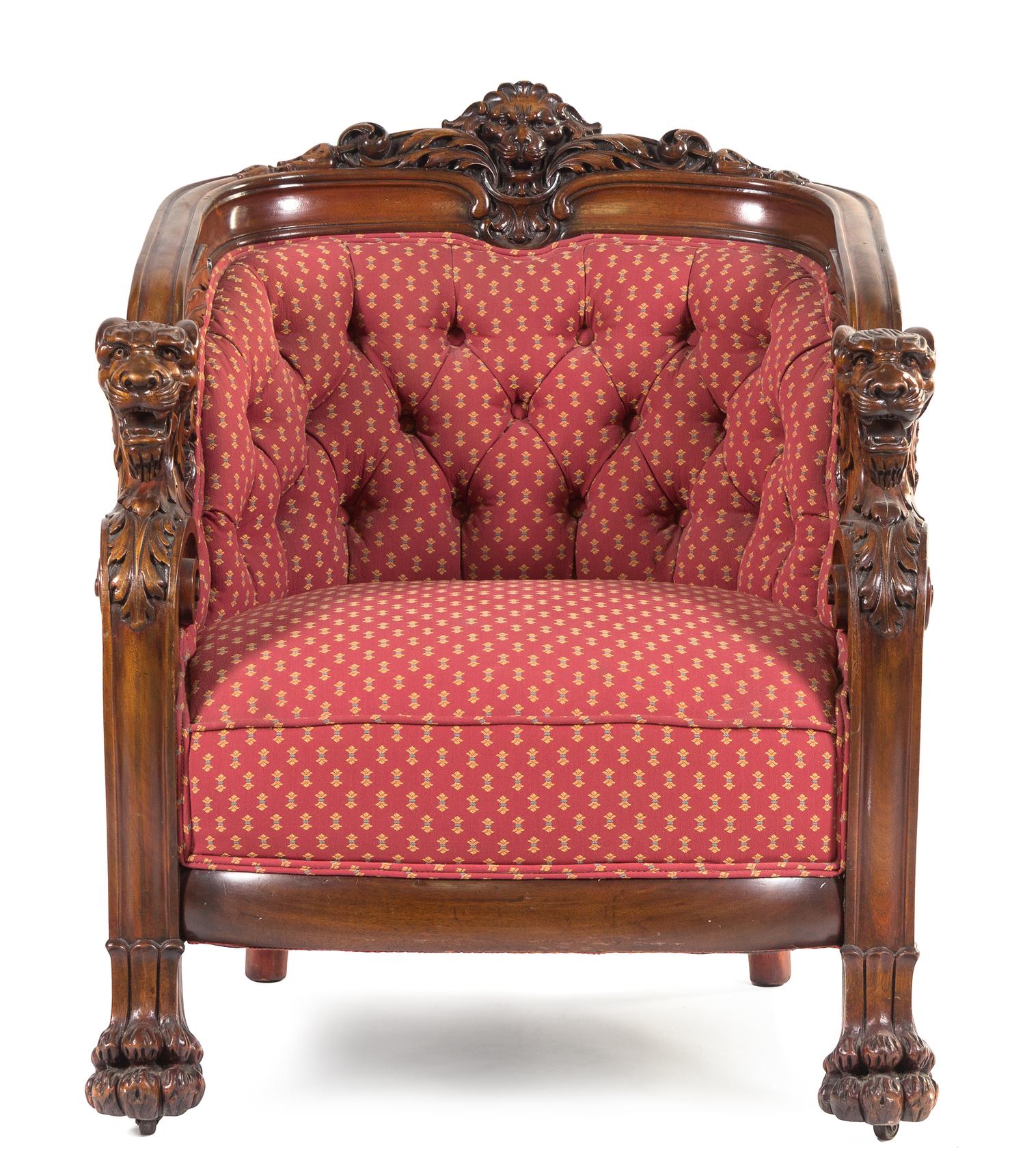 A William IV Carved Mahogany Armchair Height 39 x width 32 x depth 33 inches. — IN THE MANNER OF GEORGE SMITH, CIRCA 1830