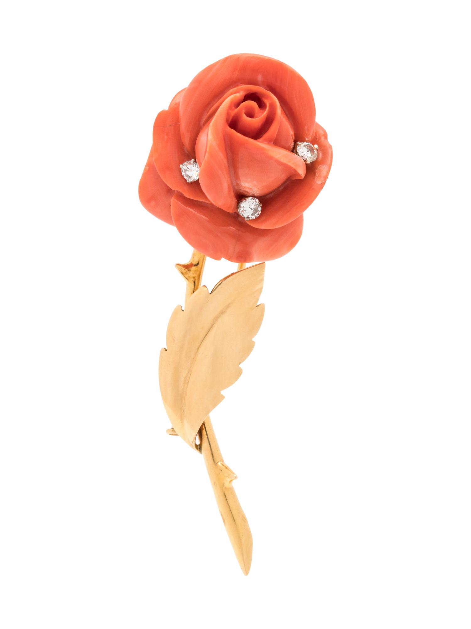 VAN CLEEF & ARPELS, CORAL AND DIAMOND ROSE BROOCH